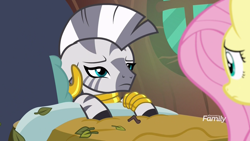 Size: 1920x1080 | Tagged: safe, screencap, character:fluttershy, character:zecora, species:pegasus, species:pony, species:zebra, episode:a health of information, g4, my little pony: friendship is magic, bed, discovery family logo, leaves, sick, zecora's hut