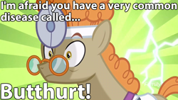 Size: 960x540 | Tagged: safe, screencap, character:doctor muffin top, episode:a health of information, g4, my little pony: friendship is magic, butthurt, caption, diagnosis, image macro, lightning, meme, solo, wide eyes