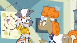 Size: 1920x1080 | Tagged: safe, screencap, character:doctor muffin top, character:zecora, species:earth pony, species:pony, species:zebra, episode:a health of information, g4, my little pony: friendship is magic, clothing, glasses, plot, stare, stethoscope, swamp fever, test tube