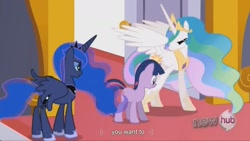 Size: 1535x863 | Tagged: safe, screencap, character:princess celestia, character:princess luna, character:twilight sparkle, character:twilight sparkle (unicorn), species:alicorn, species:pony, species:unicorn, episode:the crystal empire, g4, my little pony: friendship is magic, youtube caption, youtube link