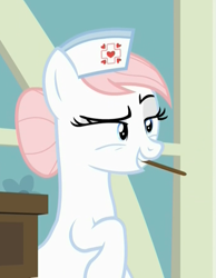Size: 697x899 | Tagged: safe, screencap, character:nurse redheart, episode:a flurry of emotions, g4, my little pony: friendship is magic, lidded eyes, out of context, tongue depressor