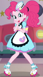 Size: 631x1120 | Tagged: safe, screencap, character:pinkie pie, episode:coinky-dink world, eqg summertime shorts, g4, my little pony:equestria girls, clothing, cute, diapinkes, diner, diner uniform, hat, roller skates, server pinkie pie, solo, waitress
