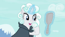 Size: 640x360 | Tagged: safe, screencap, character:rarity, species:pony, species:unicorn, episode:it isn't the mane thing about you, g4, my little pony: friendship is magic, clothing, cloud, cloud mane, cropped, female, happy, magic, mane, mare, mirror, robe, toupee