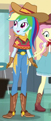 Size: 265x630 | Tagged: safe, screencap, character:fluttershy, character:rainbow dash, equestria girls:dance magic, g4, my little pony:equestria girls, belt, belt buckle, blouse, boots, clothing, cowboy boots, cowboy hat, cowgirl, cowgirl outfit, cropped, cute, dashabetes, gloves, hat, imagine spot, jeans, open mouth, pants, shoes, skirt, stetson, vest