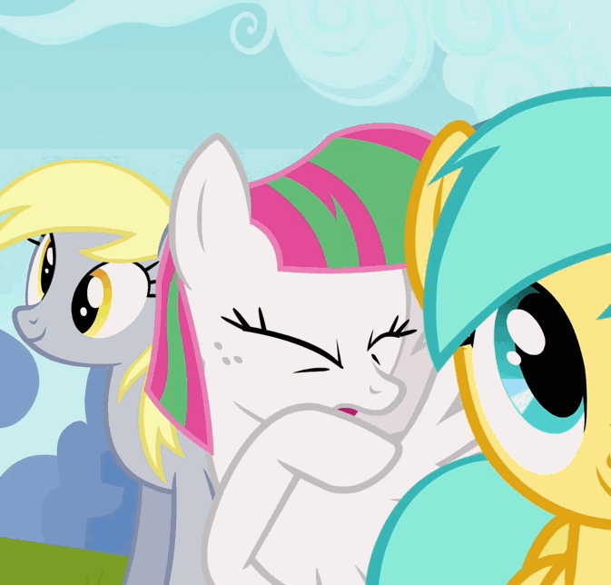 Size: 673x644 | Tagged: safe, screencap, character:blossomforth, character:derpy hooves, character:sunshower raindrops, species:pegasus, species:pony, episode:hurricane fluttershy, g4, my little pony: friendship is magic, animated, coughing, female, gif, mare