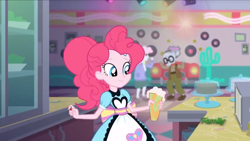 Size: 1024x576 | Tagged: safe, screencap, character:mr. waddle, character:pearly stitch, character:pinkie pie, episode:coinky-dink world, eqg summertime shorts, g4, my little pony:equestria girls, milkshake, server pinkie pie, solo focus