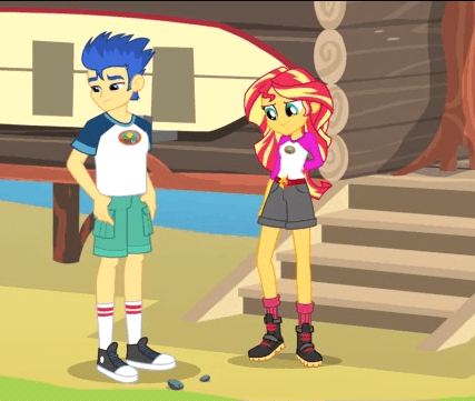 Size: 427x361 | Tagged: safe, screencap, character:flash sentry, character:sunset shimmer, equestria girls:legend of everfree, g4, my little pony:equestria girls, animated, boots, cabin, clothing, converse, gif, lake, shipping fuel, shoes, shorts