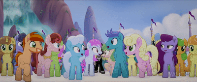 Size: 400x167 | Tagged: safe, screencap, character:cantaloupe, character:nougat praliné, character:open skies, character:songbird serenade, character:vinny, character:whinnyfield, species:earth pony, species:pegasus, species:pony, species:unicorn, my little pony: the movie (2017), animated, animation error, background pony, bow, canterlot shopkeep, clothing, code red, female, gif, hair bow, headset, jules winnfield, male, mare, necktie, pulp fiction, race swap, stallion, suit, sunglasses, toadstool blossom, unnamed pony, vincent vega