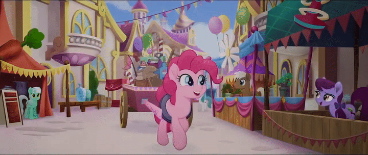 Size: 720x304 | Tagged: safe, screencap, character:coco crusoe, character:pinkie pie, species:earth pony, species:pony, my little pony: the movie (2017), animated, background pony, canterlot, cart, female, gif, male, mare, market, stallion, unnamed pony