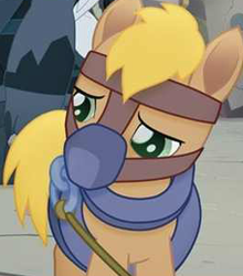Size: 261x296 | Tagged: safe, screencap, species:earth pony, species:pony, my little pony: the movie (2017), background pony, collar, cropped, gag, harness, male, mask, muzzle, muzzle gag, sad, spoiler, stallion, tack, unnamed character, unnamed pony, yoke