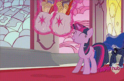 Size: 245x160 | Tagged: safe, screencap, character:princess celestia, character:twilight sparkle, character:twilight sparkle (unicorn), species:alicorn, species:pony, species:unicorn, episode:the crystal empire, g4, my little pony: friendship is magic, animated, canterlot throne room, ethereal mane, female, hub logo, mare, saddle bag, scroll