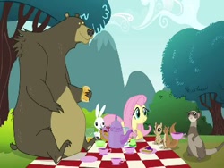 Size: 384x288 | Tagged: safe, screencap, character:angel bunny, character:fluttershy, episode:too many pinkie pies, g4, my little pony: friendship is magic, bear, picnic, squirrel, wrong aspect ratio