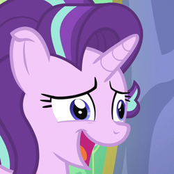 Size: 1080x1080 | Tagged: safe, screencap, character:starlight glimmer, species:pony, species:unicorn, episode:celestial advice, g4, my little pony: friendship is magic, bust, close-up, cropped, faec, open mouth, portrait, smiling, solo, thousand yard stare, twilight's castle