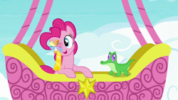 Size: 1280x720 | Tagged: safe, screencap, character:gummy, character:pinkie pie, species:pony, episode:not asking for trouble, g4, my little pony: friendship is magic, ambassador badge, hot air balloon, prehensile mane, twinkling balloon