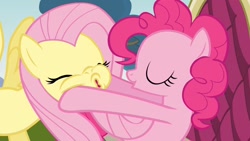 Size: 1280x720 | Tagged: safe, screencap, character:fluttershy, character:pinkie pie, episode:too many pinkie pies, g4, my little pony: friendship is magic, out of context, squishy, squishy cheeks