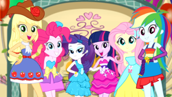 Size: 1366x768 | Tagged: safe, screencap, character:applejack, character:fluttershy, character:pinkie pie, character:rainbow dash, character:rarity, character:twilight sparkle, episode:a photo booth story, eqg summertime shorts, g4, my little pony:equestria girls, clothing, dress, fall formal outfits, grin, group shot, happy, humane five, humane six, mane six, smiling