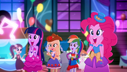 Size: 1366x768 | Tagged: safe, screencap, character:applejack, character:captain planet, character:pinkie pie, character:rainbow dash, character:scribble dee, character:twilight sparkle, episode:a photo booth story, eqg summertime shorts, g4, my little pony:equestria girls, background human, balloon, cheering, clapping, fall formal outfits, happy, rose heart, smiling, thunderbass