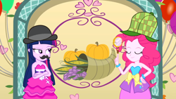 Size: 1366x768 | Tagged: safe, screencap, character:pinkie pie, character:twilight sparkle, episode:a photo booth story, eqg summertime shorts, g4, my little pony:equestria girls, bowler hat, clothing, cornucopia, crossed arms, deerstalker, dress, facial hair, fall formal outfits, good trick, hat, moustache, smug, spinning