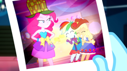 Size: 1366x768 | Tagged: safe, screencap, character:applejack, character:photo finish, character:pinkie pie, character:rainbow dash, episode:a photo booth story, eqg summertime shorts, g4, my little pony:equestria girls, fall formal outfits, giggling, mischief, photography, upset