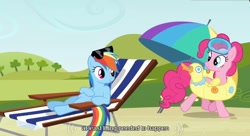 Size: 638x348 | Tagged: safe, screencap, character:pinkie pie, character:rainbow dash, episode:too many pinkie pies, g4, my little pony: friendship is magic, beach chair, sunglasses, youtube caption