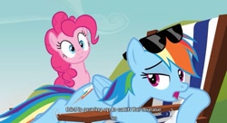 Size: 639x347 | Tagged: safe, screencap, character:pinkie pie, character:rainbow dash, episode:too many pinkie pies, g4, my little pony: friendship is magic, beach chair, sunglasses, youtube caption
