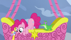 Size: 1280x720 | Tagged: safe, screencap, character:gummy, character:pinkie pie, species:pony, episode:not asking for trouble, g4, my little pony: friendship is magic, ambassador badge, hot air balloon, twinkling balloon