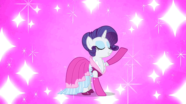 Size: 640x360 | Tagged: safe, screencap, character:rarity, episode:too many pinkie pies, g4, my little pony: friendship is magic, alternate hairstyle, animated, clothing, dress, gesture, gloves, solo, sparkles