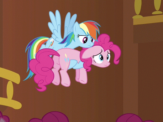 Size: 520x390 | Tagged: safe, screencap, character:pinkie pie, character:rainbow dash, species:pony, episode:too many pinkie pies, g4, my little pony: friendship is magic, animated, carrying, clone, dropping, duo focus, holding a pony, multeity, pinkie clone, too much pink energy is dangerous