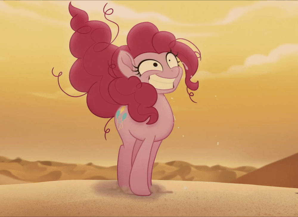 Size: 1000x727 | Tagged: safe, screencap, character:pinkie pie, species:earth pony, species:pony, my little pony: the movie (2017), animated, bone dry desert, breakdown, cropped, deflating hair, deflation, desert, desert sun madness, faceplant, faec, female, gif, insanity, mare, solo