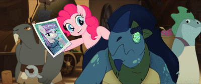 Size: 400x167 | Tagged: safe, screencap, character:louise, character:maud pie, character:pinkie pie, species:earth pony, species:pony, my little pony: the movie (2017), animated, bad breath, barrel vendor, bird vendor, female, frilled lizard, gif, in which pinkie pie forgets how to gravity, klugetown, klugetowner, lizard vendor, mare, pinkie being pinkie, pinkie physics, pushkin, visible stench