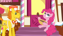 Size: 1920x1080 | Tagged: safe, screencap, character:carrot cake, character:pinkie pie, species:earth pony, species:pony, episode:the one where pinkie pie knows, g4, my little pony: friendship is magic, bowl, female, male, mare, mixing bowl, stallion