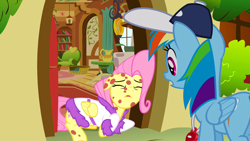 Size: 1920x1080 | Tagged: safe, screencap, character:fluttershy, character:rainbow dash, episode:hurricane fluttershy, g4, my little pony: friendship is magic, acting, baseball cap, bathrobe, cap, clothing, coach, eyes closed, floppy ears, fluttershy's cottage, hat, moe, open mouth, rainbow dashs coaching whistle, robe, sad, sick, weak, whistle, whistle necklace