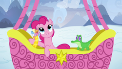 Size: 1280x720 | Tagged: safe, screencap, character:gummy, character:pinkie pie, species:pony, episode:not asking for trouble, g4, my little pony: friendship is magic, ambassador badge, hot air balloon, snow, twinkling balloon