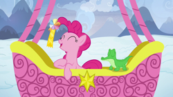 Size: 1280x720 | Tagged: safe, screencap, character:gummy, character:pinkie pie, species:pony, episode:not asking for trouble, g4, my little pony: friendship is magic, ambassador badge, happy, hot air balloon, snow, twinkling balloon