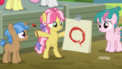 Size: 1920x1080 | Tagged: safe, screencap, character:apple bloom, character:kettle corn, character:mocha berry, character:sweetie belle, character:tulip swirl, species:earth pony, species:pegasus, species:pony, species:unicorn, episode:marks and recreation, g4, my little pony: friendship is magic, bipedal, circle painting, colt, discovery family logo, enso, female, filly, foal, hoof hold, magnetic hooves, male