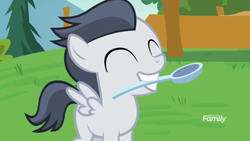 Size: 1920x1080 | Tagged: safe, screencap, character:rumble, species:pegasus, species:pony, episode:marks and recreation, g4, my little pony: friendship is magic, colt, cute, discovery family logo, eyes closed, grin, male, mouth hold, rumblebetes, smiling, spoon