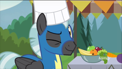Size: 1320x742 | Tagged: safe, screencap, character:thunderlane, species:pony, episode:marks and recreation, g4, my little pony: friendship is magic, clothing, discovery family logo, fourth wall, male, one eye closed, solo, stallion, uniform, wink, wonderbolts uniform