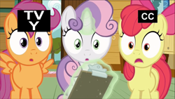Size: 1320x742 | Tagged: safe, screencap, character:apple bloom, character:scootaloo, character:sweetie belle, species:pegasus, species:pony, episode:marks and recreation, g4, my little pony: friendship is magic, clipboard, cutie mark crusaders, magic, telekinesis, tv-y