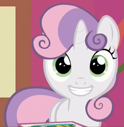 Size: 637x654 | Tagged: safe, screencap, character:sweetie belle, species:pony, species:unicorn, episode:marks and recreation, g4, my little pony: friendship is magic, cropped, cute, diasweetes, female, filly, grin, looking at you, smiling, solo