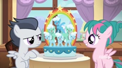 Size: 1920x1080 | Tagged: safe, screencap, character:rumble, character:tulip swirl, species:pegasus, species:pony, episode:marks and recreation, g4, my little pony: friendship is magic, cake, colt, discovery family logo, food, male