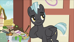 Size: 1320x742 | Tagged: safe, screencap, character:thunderlane, species:pegasus, species:pony, episode:marks and recreation, g4, my little pony: friendship is magic, discovery family logo, solo, trash can