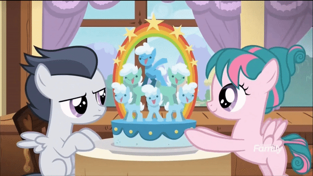 Size: 640x360 | Tagged: safe, screencap, character:rumble, character:tulip swirl, species:earth pony, species:pegasus, species:pony, episode:marks and recreation, g4, my little pony: friendship is magic, animated, cake, colt, discovery family logo, female, filly, food, gif, into the trash it goes, male, pure unfiltered evil