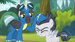 Size: 1320x742 | Tagged: safe, screencap, character:rumble, character:thunderlane, species:pegasus, species:pony, episode:marks and recreation, g4, my little pony: friendship is magic, brothers, clothing, colt, discovery family logo, male, noogie, uniform, wonderbolts uniform