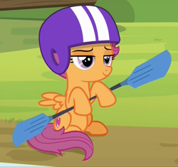 Size: 739x695 | Tagged: safe, screencap, character:scootaloo, species:pegasus, species:pony, episode:marks and recreation, g4, my little pony: friendship is magic, cropped, helmet, paddle, sitting, solo