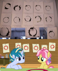 Size: 759x919 | Tagged: safe, screencap, character:kettle corn, character:skeedaddle, species:earth pony, species:pony, species:unicorn, episode:marks and recreation, g4, my little pony: friendship is magic, arrival (movie), circle, circle painting, colt, female, filly, foal, heptapod b, male