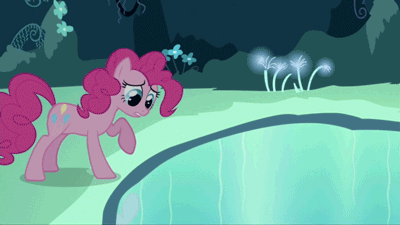 Size: 400x225 | Tagged: safe, screencap, character:pinkie pie, episode:too many pinkie pies, g4, my little pony: friendship is magic, animated, cave, cave pool, clone, duo, mind screw, mirror pool, multeity, pinkie clone, too much pink energy is dangerous
