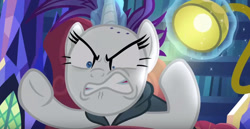 Size: 1061x547 | Tagged: safe, screencap, character:rarity, episode:it isn't the mane thing about you, g4, my little pony: friendship is magic, angry, bald, glowing horn, lamp, magic, mane, ruined mane, scary, telekinesis