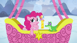 Size: 1280x720 | Tagged: safe, screencap, character:gummy, character:pinkie pie, species:pony, episode:not asking for trouble, g4, my little pony: friendship is magic, ambassador badge, hot air balloon, snow, twinkling balloon