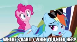 Size: 631x345 | Tagged: safe, screencap, character:pinkie pie, character:rainbow dash, episode:too many pinkie pies, g4, my little pony: friendship is magic, beach chair, bend over, image macro, sunglasses