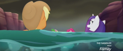 Size: 1920x800 | Tagged: safe, screencap, character:applejack, character:pinkie pie, character:rarity, character:spike, species:dragon, species:pony, my little pony: the movie (2017), discovery family logo, water, wet, wet mane, wet mane rarity